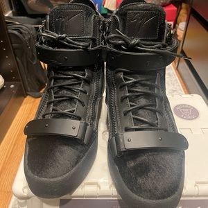 Black high top Giuseppe leather and pony hair mens sneakers